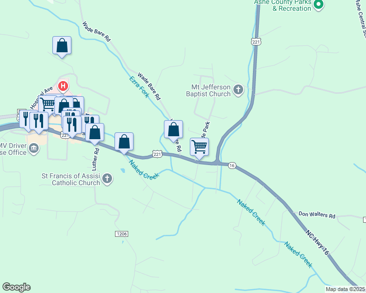 map of restaurants, bars, coffee shops, grocery stores, and more near 136 Wade Bare Road in Jefferson