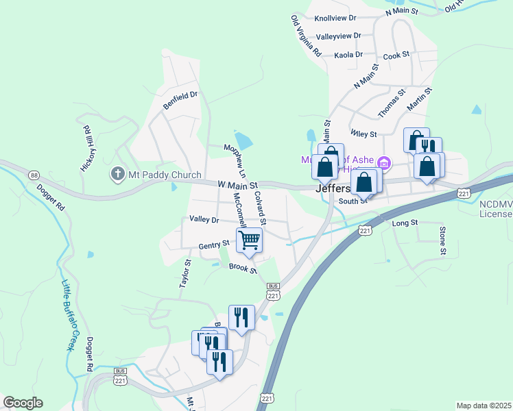 map of restaurants, bars, coffee shops, grocery stores, and more near 206 Colvard Street in Jefferson