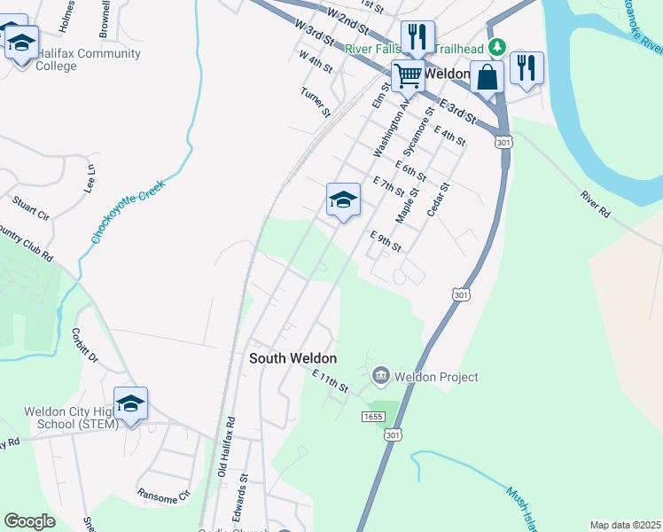 map of restaurants, bars, coffee shops, grocery stores, and more near 921 Washington Avenue in Weldon