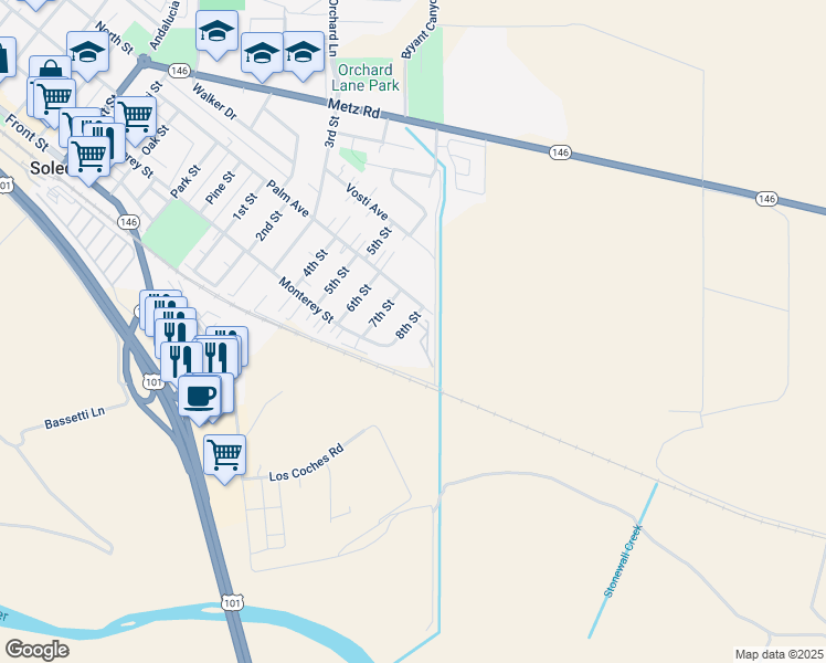 map of restaurants, bars, coffee shops, grocery stores, and more near 258 8th Street in Soledad