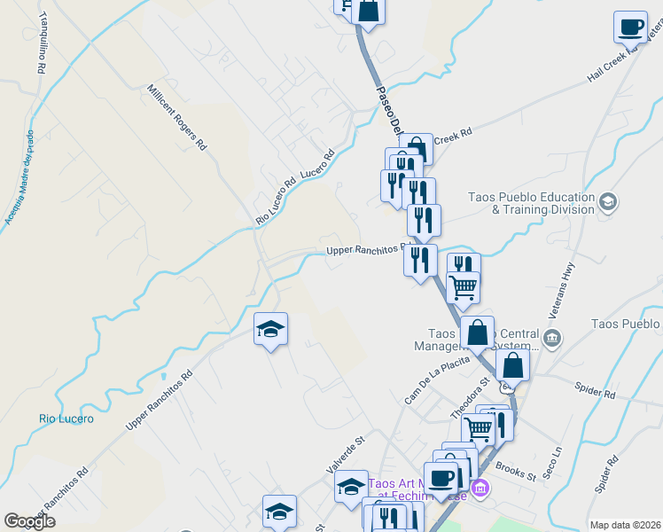 map of restaurants, bars, coffee shops, grocery stores, and more near 130 Upper Ranchitos Road in Taos