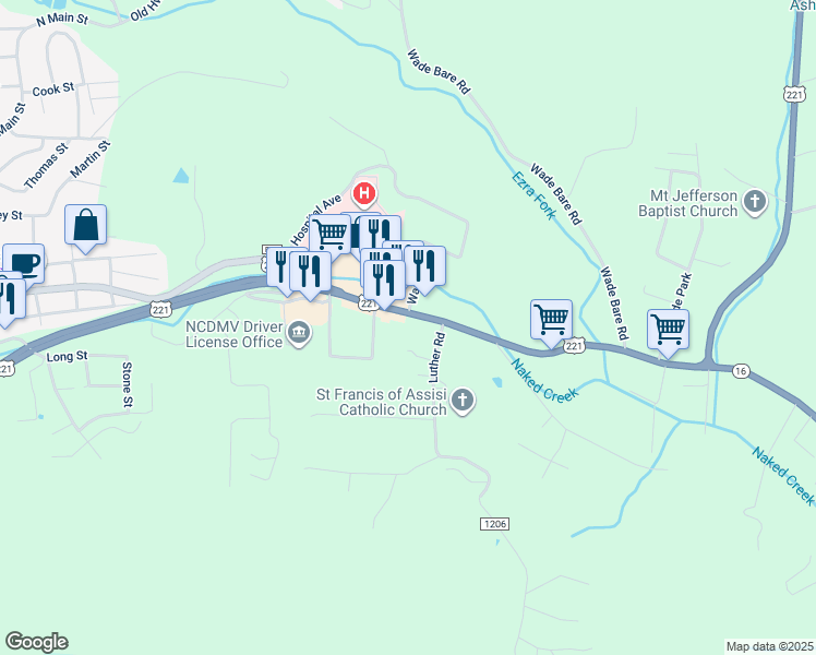 map of restaurants, bars, coffee shops, grocery stores, and more near 832 East Main Street in Jefferson