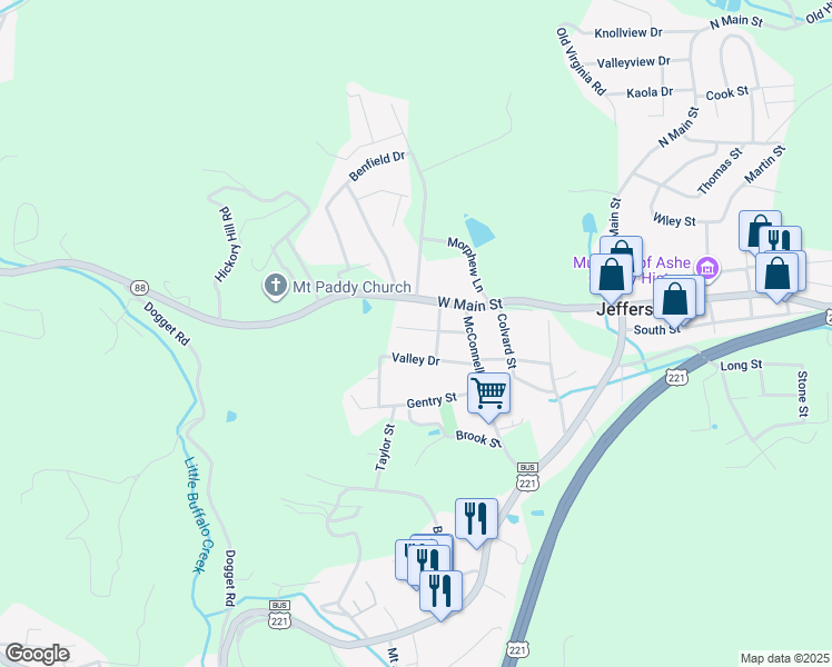 map of restaurants, bars, coffee shops, grocery stores, and more near 217 Faw Rowland Street in Jefferson