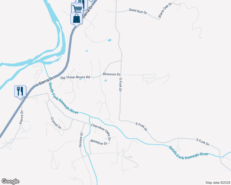 map of restaurants, bars, coffee shops, grocery stores, and more near 42108 South Fork Drive in Three Rivers