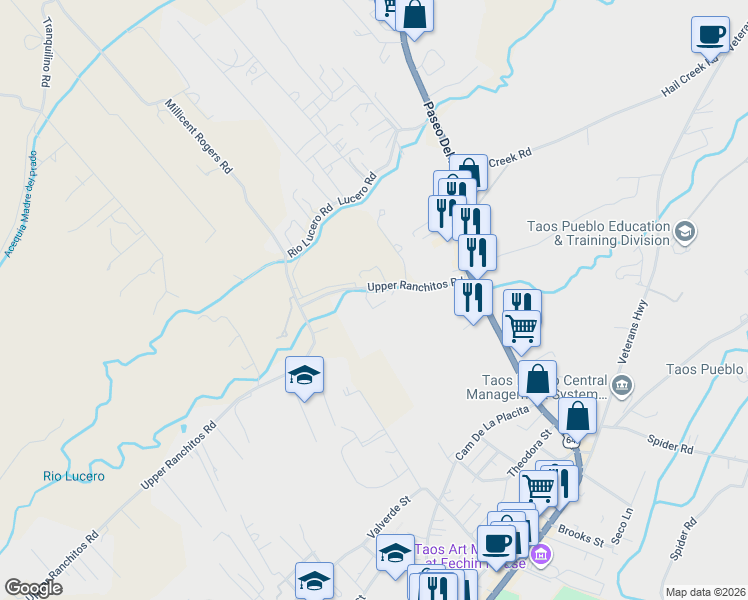 map of restaurants, bars, coffee shops, grocery stores, and more near 130 Upper Ranchitos Road in Taos