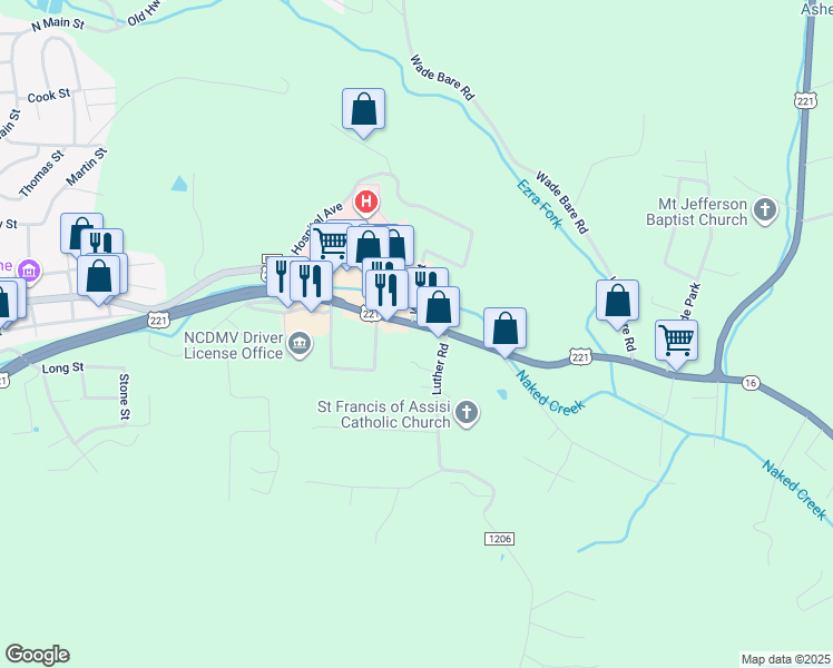 map of restaurants, bars, coffee shops, grocery stores, and more near 832 East Main Street in Jefferson