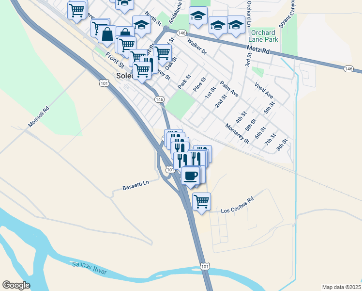 map of restaurants, bars, coffee shops, grocery stores, and more near 1135 Front Street in Soledad