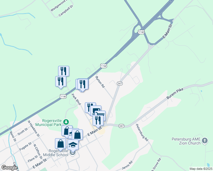 map of restaurants, bars, coffee shops, grocery stores, and more near 122 Burton Road in Rogersville
