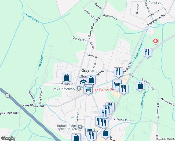 map of restaurants, bars, coffee shops, grocery stores, and more near 2218 Oak Street in Gray