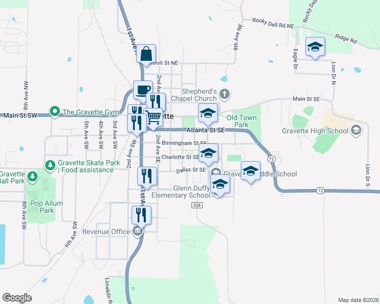 map of restaurants, bars, coffee shops, grocery stores, and more near 406 Charlotte Street Southeast in Gravette