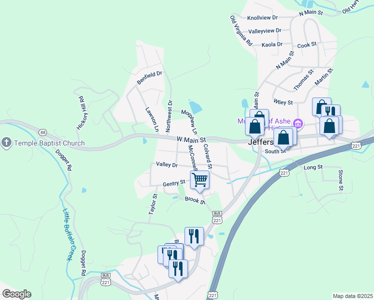 map of restaurants, bars, coffee shops, grocery stores, and more near 106 Faw Rowland Street in Jefferson