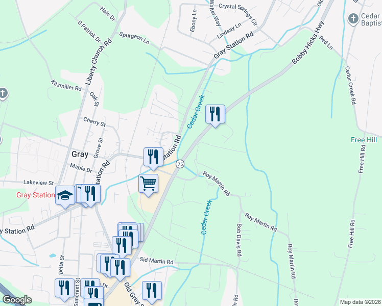 map of restaurants, bars, coffee shops, grocery stores, and more near 5472 Bobby Hicks Highway in Johnson City