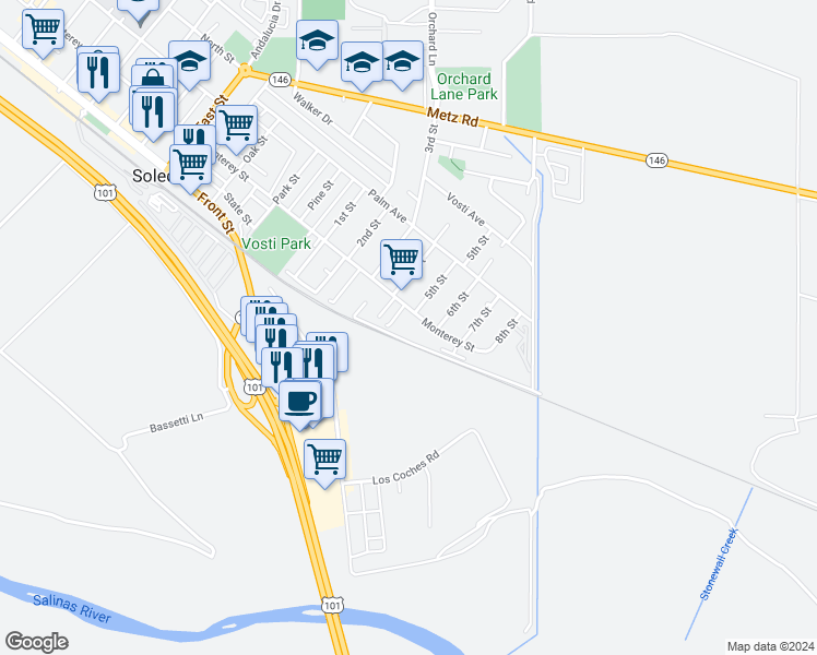 map of restaurants, bars, coffee shops, grocery stores, and more near 1648 Monterey Street in Soledad