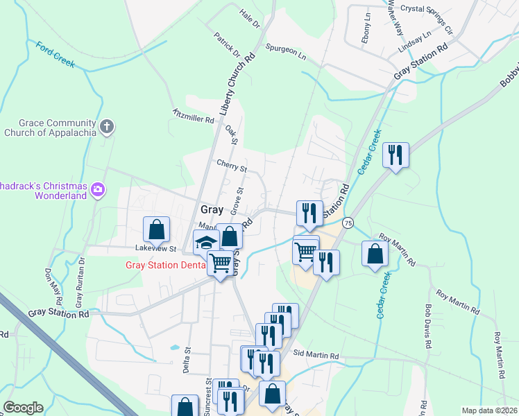 map of restaurants, bars, coffee shops, grocery stores, and more near 679 Gray Station Road in Gray