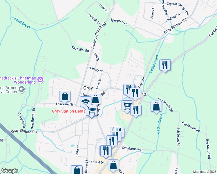 map of restaurants, bars, coffee shops, grocery stores, and more near 679 Gray Station Road in Gray
