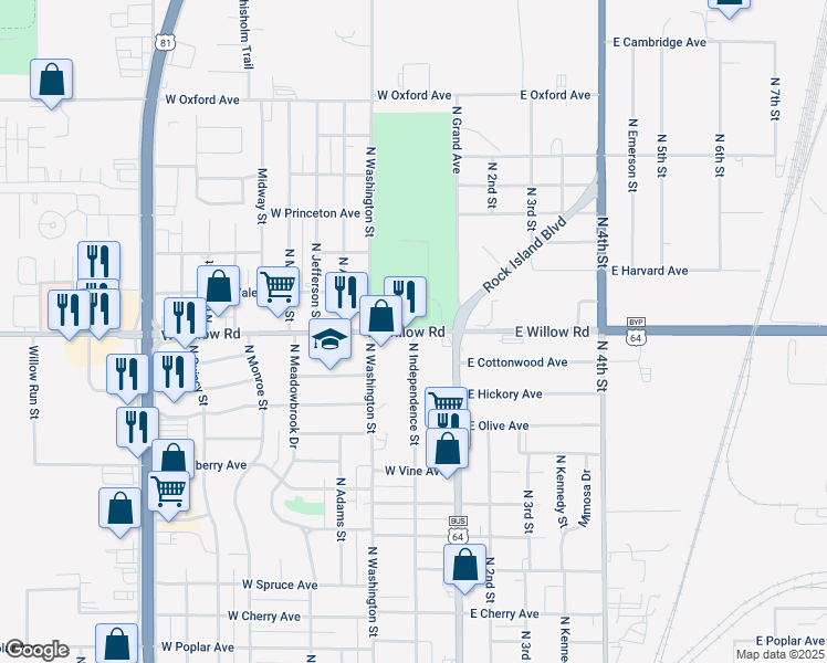 map of restaurants, bars, coffee shops, grocery stores, and more near 200 West Willow Road in Enid