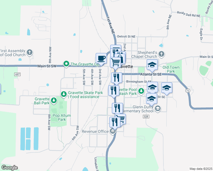 map of restaurants, bars, coffee shops, grocery stores, and more near 307 2nd Avenue Southwest in Gravette