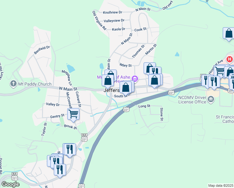 map of restaurants, bars, coffee shops, grocery stores, and more near 117 Mount Jefferson Lane in Jefferson