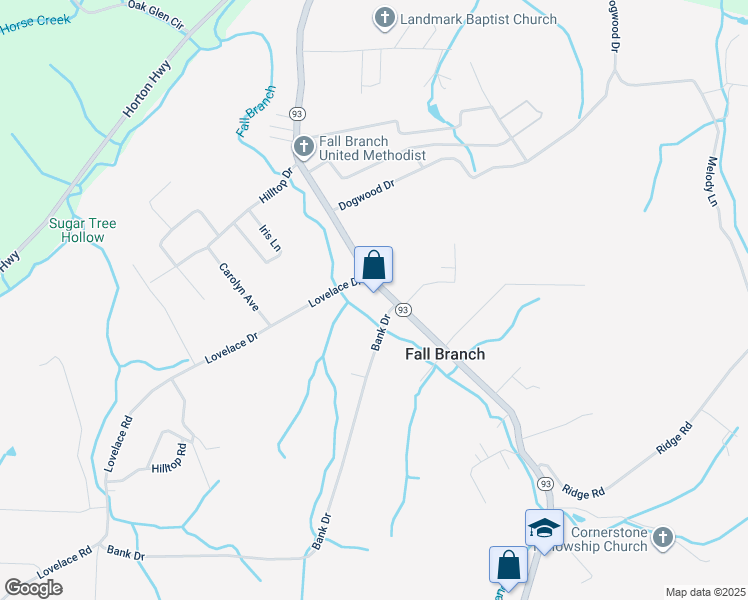 map of restaurants, bars, coffee shops, grocery stores, and more near 103 Lovelace Drive in Fall Branch