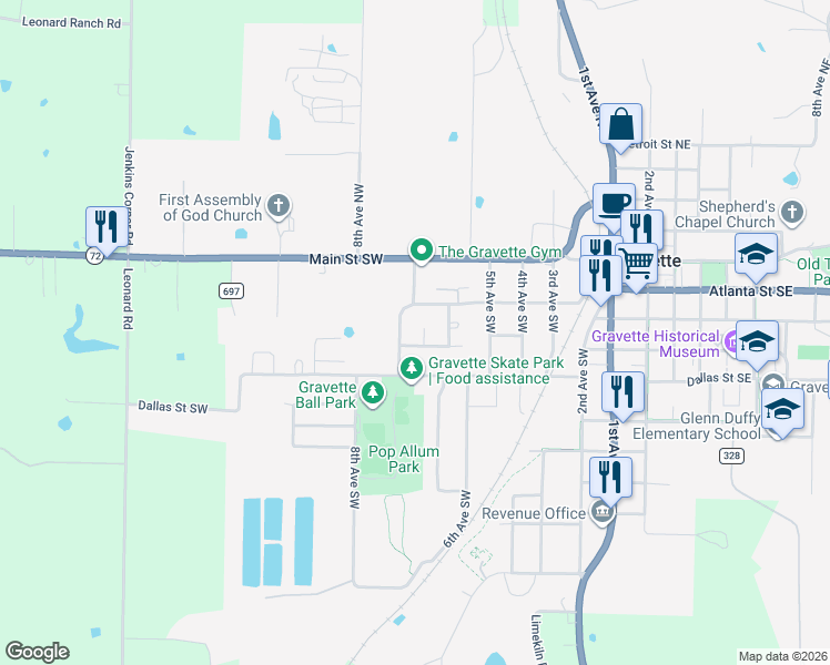 map of restaurants, bars, coffee shops, grocery stores, and more near 213 Perry Circle in Gravette