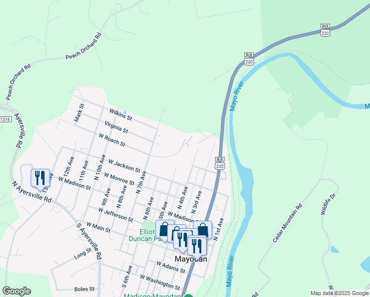 map of restaurants, bars, coffee shops, grocery stores, and more near 500 Utility Street in Mayodan
