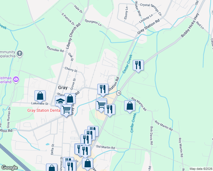 map of restaurants, bars, coffee shops, grocery stores, and more near 2000 Kensington Place in Gray