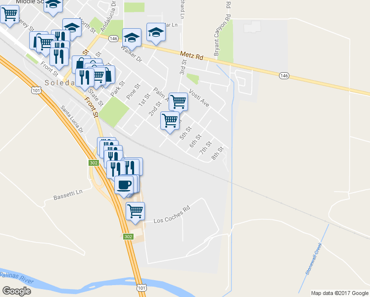 map of restaurants, bars, coffee shops, grocery stores, and more near 201 6th Street in Soledad