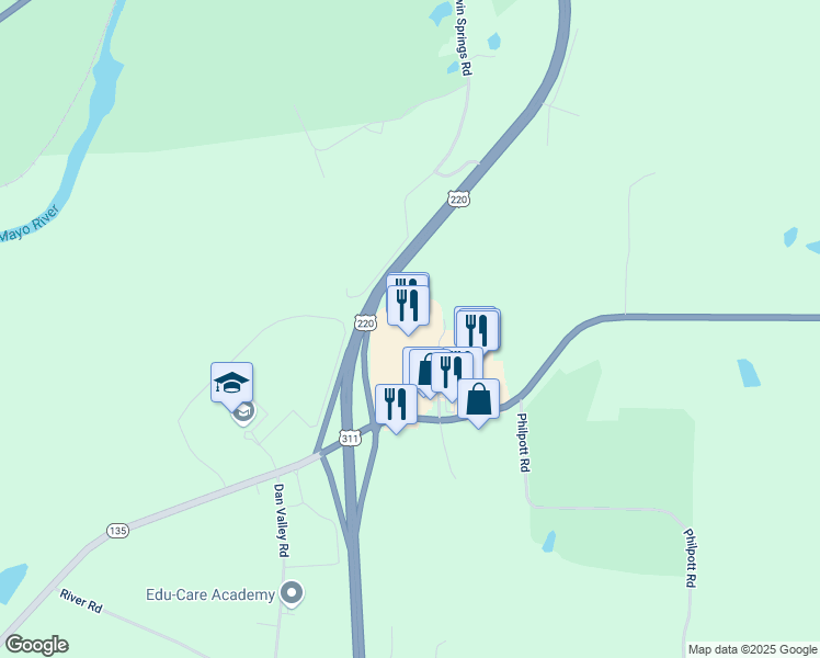 map of restaurants, bars, coffee shops, grocery stores, and more near 6711 North Carolina 135 in Mayodan