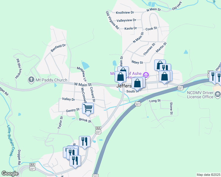 map of restaurants, bars, coffee shops, grocery stores, and more near 151 West Main Street in Jefferson