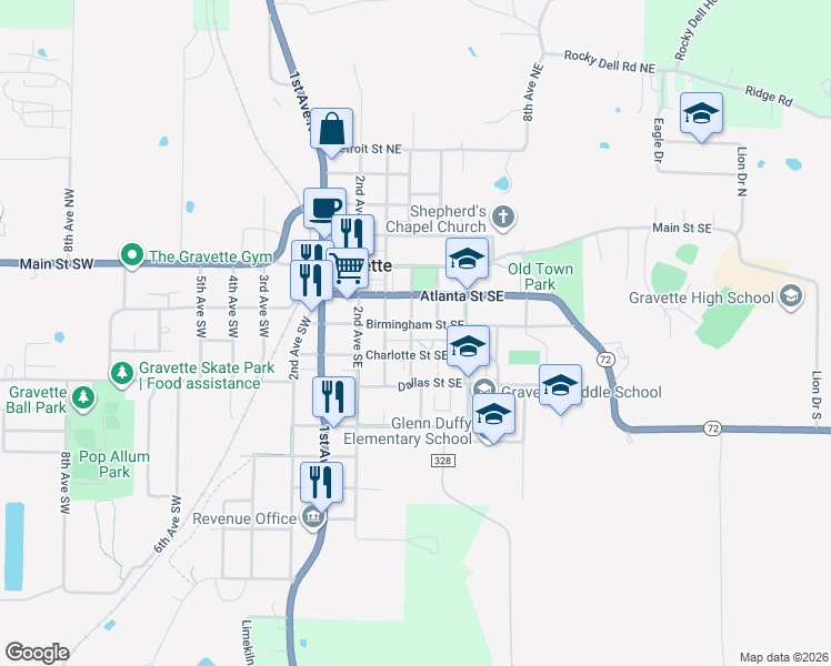 map of restaurants, bars, coffee shops, grocery stores, and more near 406 Charlotte Street Southeast in Gravette