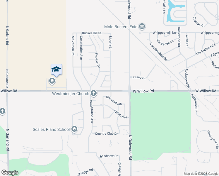 map of restaurants, bars, coffee shops, grocery stores, and more near 2402 Liberty Lane in Enid