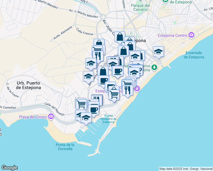 map of restaurants, bars, coffee shops, grocery stores, and more near 5 Calle Estandarte in Estepona