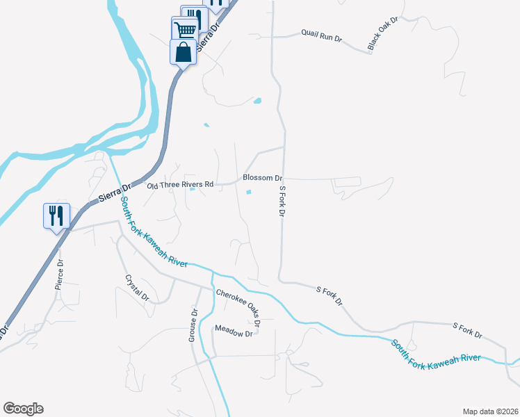 map of restaurants, bars, coffee shops, grocery stores, and more near 42108 South Fork Drive in Three Rivers