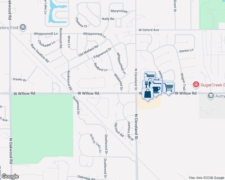 map of restaurants, bars, coffee shops, grocery stores, and more near 2635 Hummingbird Lane in Enid