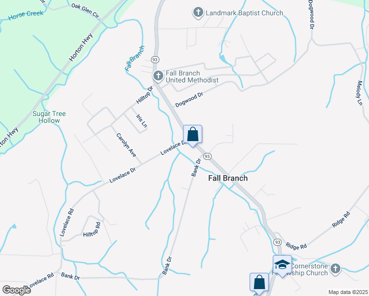 map of restaurants, bars, coffee shops, grocery stores, and more near 103 Lovelace Dr in Fall Branch