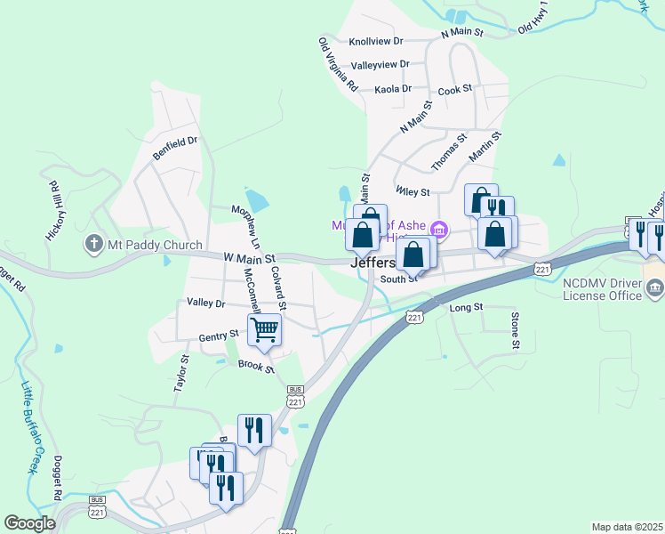 map of restaurants, bars, coffee shops, grocery stores, and more near 151 West Main Street in Jefferson