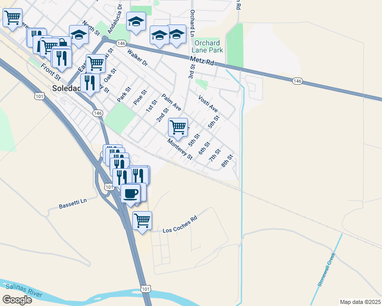 map of restaurants, bars, coffee shops, grocery stores, and more near 201 6th Street in Soledad