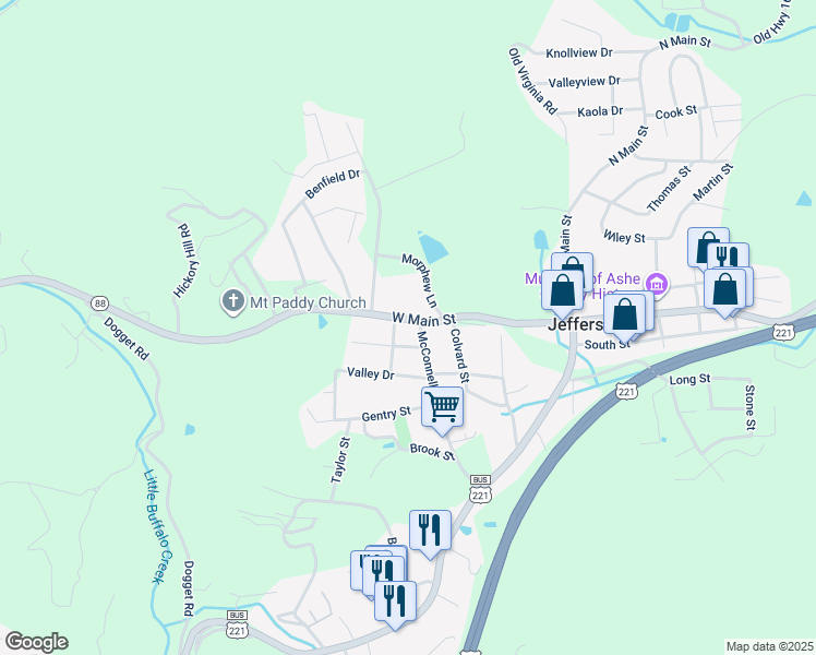 map of restaurants, bars, coffee shops, grocery stores, and more near 102 McConnell Street in Jefferson