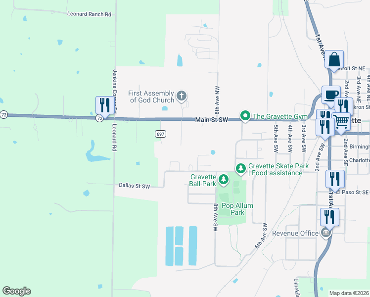 map of restaurants, bars, coffee shops, grocery stores, and more near 114 Nelson Park Road Southwest in Gravette