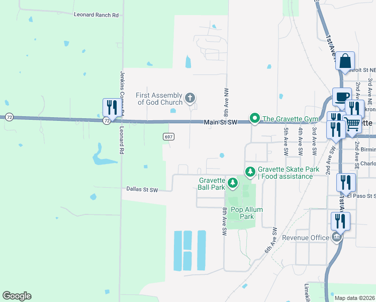 map of restaurants, bars, coffee shops, grocery stores, and more near 111 Nelson Park Road Southwest in Gravette