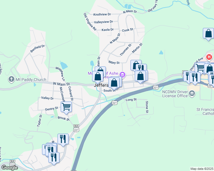 map of restaurants, bars, coffee shops, grocery stores, and more near 118 East Main Street in Jefferson