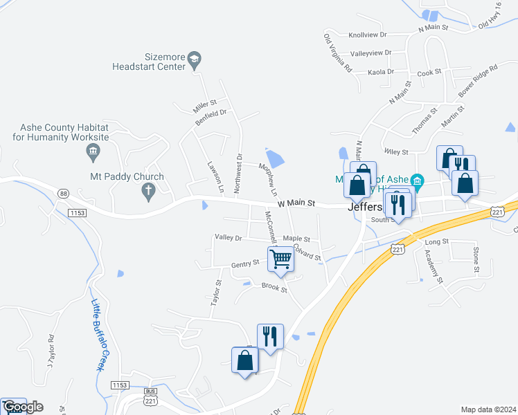 map of restaurants, bars, coffee shops, grocery stores, and more near 407 West Main Street in Jefferson