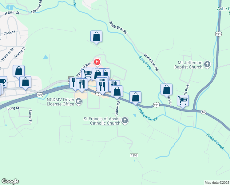map of restaurants, bars, coffee shops, grocery stores, and more near 829 East Main Street in Jefferson