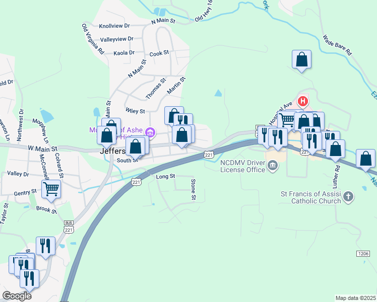 map of restaurants, bars, coffee shops, grocery stores, and more near 501 South Street in Jefferson