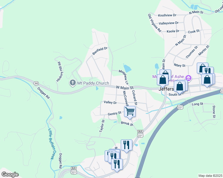 map of restaurants, bars, coffee shops, grocery stores, and more near 511 West Main Street in Jefferson