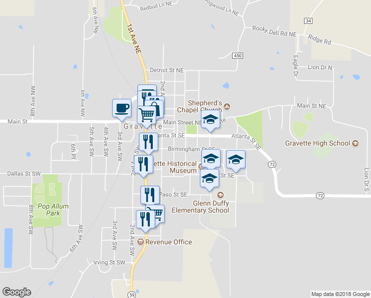 map of restaurants, bars, coffee shops, grocery stores, and more near Birmingham Street Southeast in Gravette
