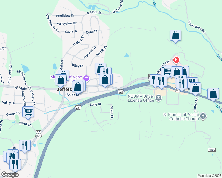 map of restaurants, bars, coffee shops, grocery stores, and more near 511 South Street in Jefferson