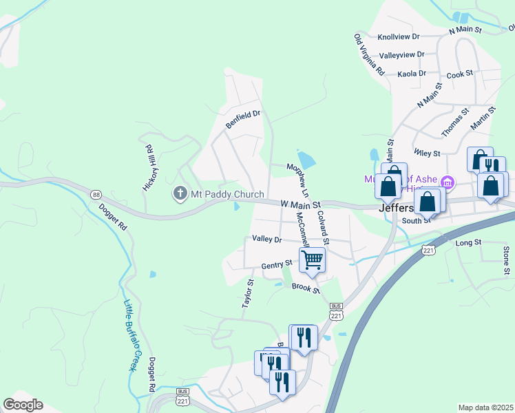 map of restaurants, bars, coffee shops, grocery stores, and more near 609 West Main Street in Jefferson