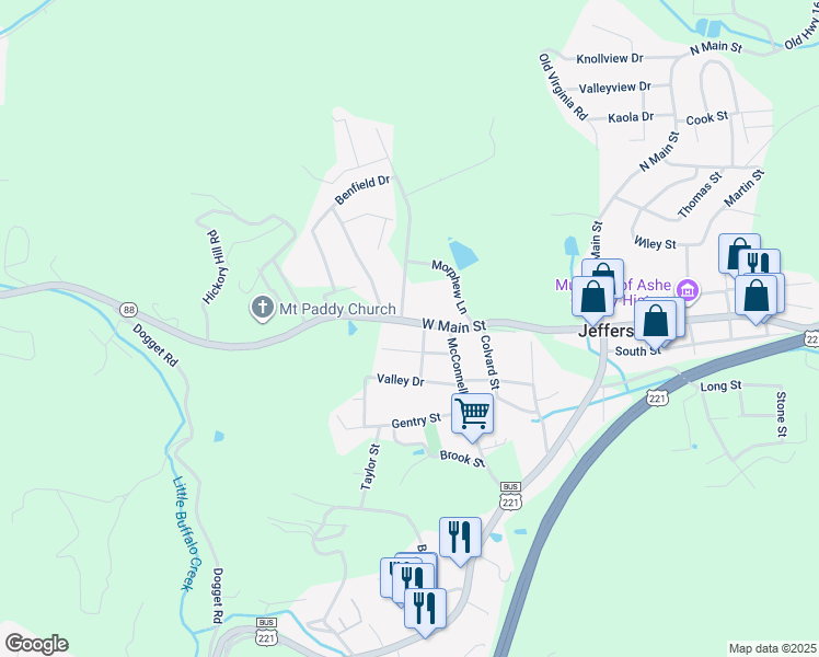 map of restaurants, bars, coffee shops, grocery stores, and more near 511 West Main Street in Jefferson