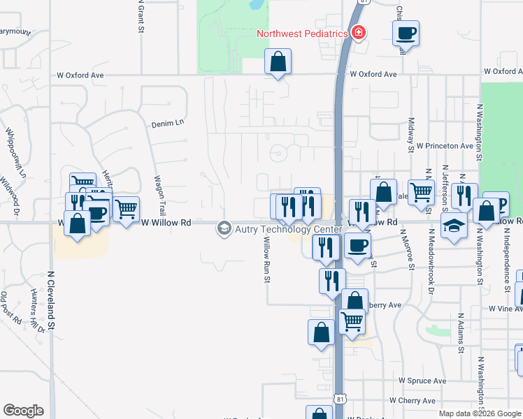map of restaurants, bars, coffee shops, grocery stores, and more near 1216 East Willow Road in Enid